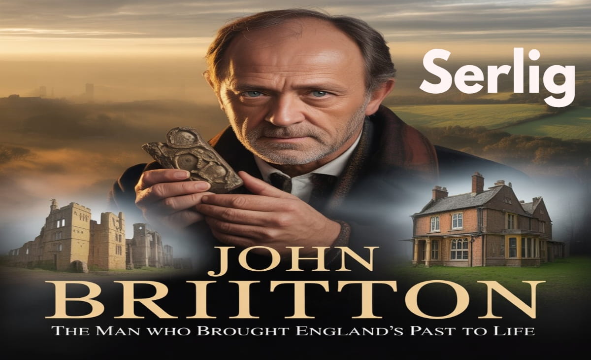 John Britton portrait illustration with historical books and architectural sketches representing English antiquarian heritage and Gothic architecture studies