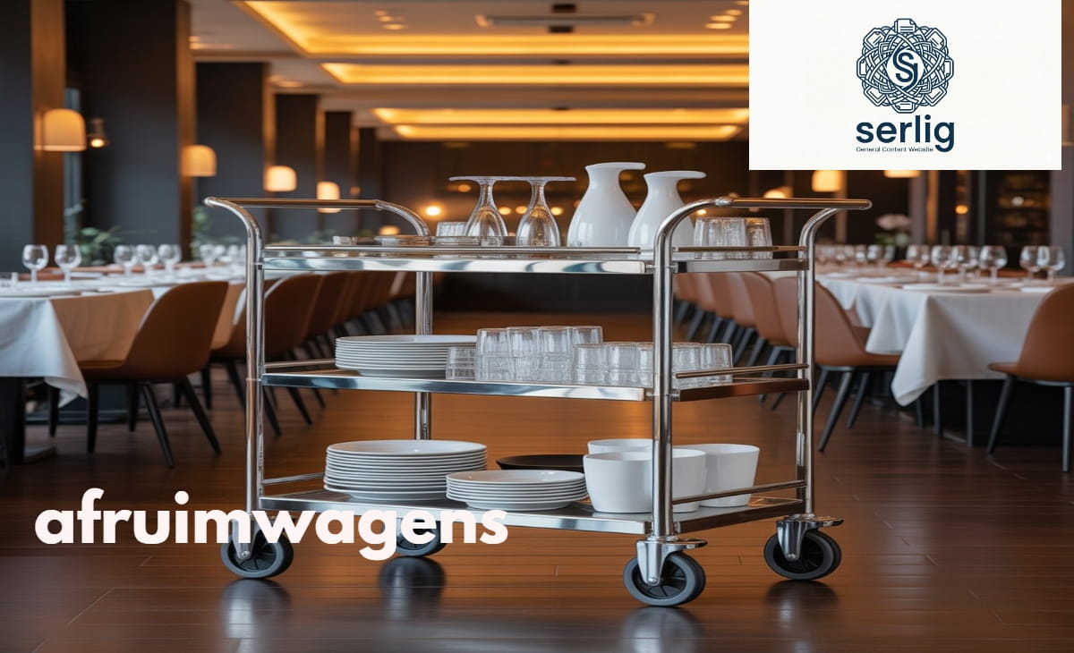 A stainless steel afruimwagen (clearing trolley) with multiple shelves and swivel wheels used in a professional restaurant kitchen