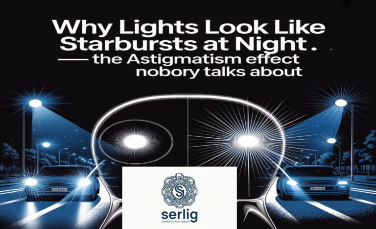 Comparison of normal vision vs astigmatism showing halos and starbursts around car headlights at night
