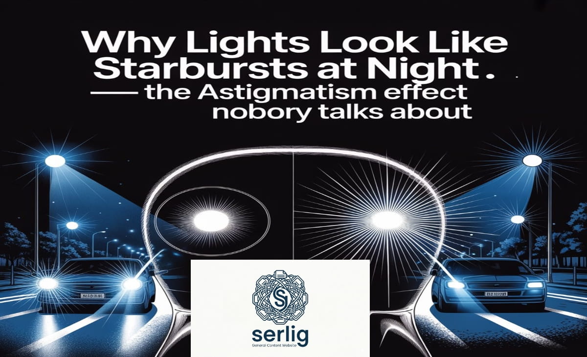 Comparison of normal vision vs astigmatism showing halos and starbursts around car headlights at night