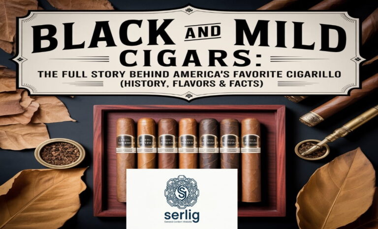Black and Mild wood tip cigarillos in various flavors including Wine, Casino, and Jazz displayed on a retail counter