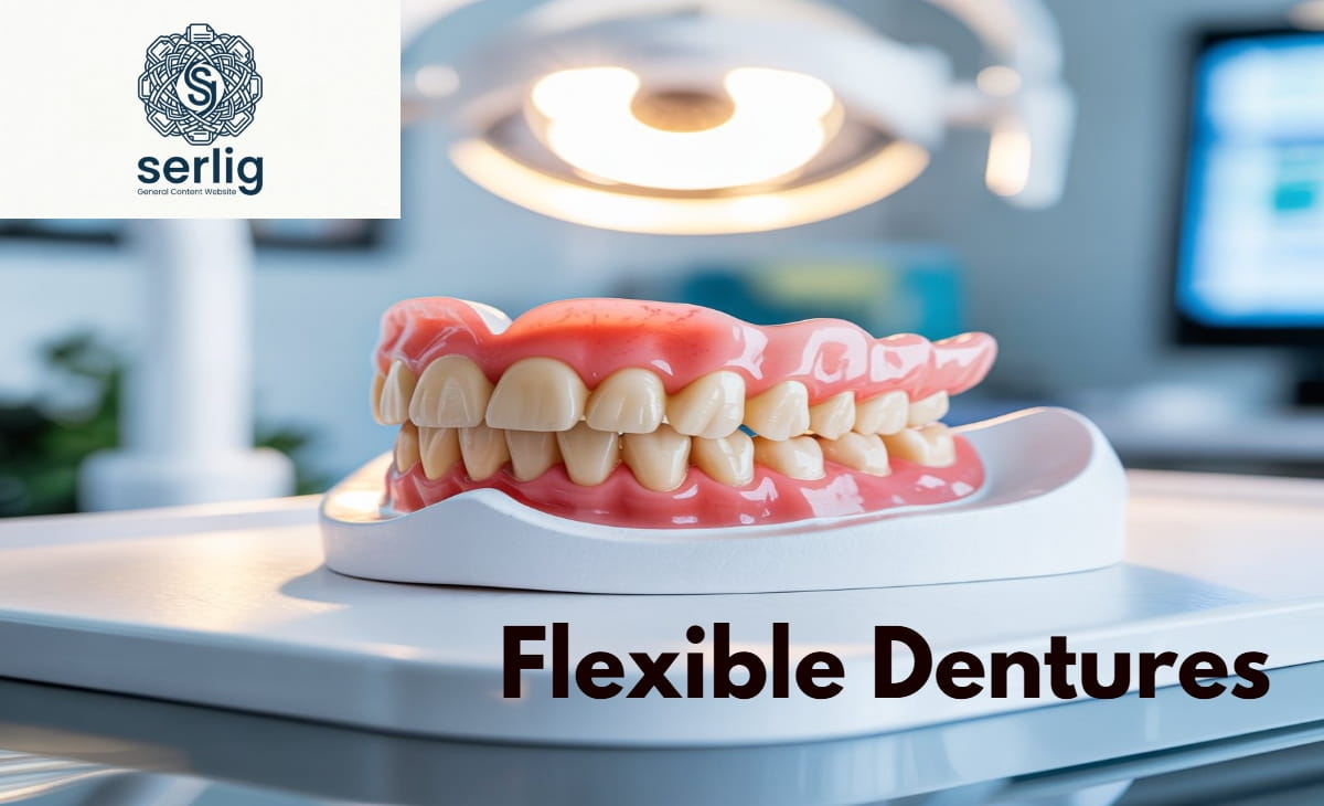 Flexible dentures fitted in mouth showing natural gum-colored base and comfortable design