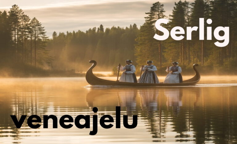 A wooden rowing boat gliding across a calm Finnish lake surrounded by pine forests during golden hour — veneajelu tradition