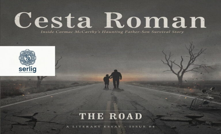 Father and son walking down an ash-covered post-apocalyptic road, illustrating Cormac McCarthy's novel The Road (Cesta)