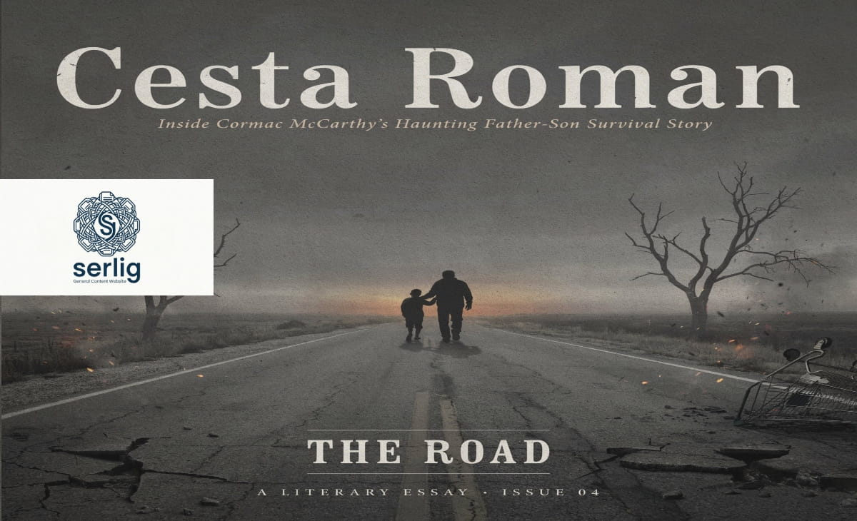 Father and son walking down an ash-covered post-apocalyptic road, illustrating Cormac McCarthy's novel The Road (Cesta)