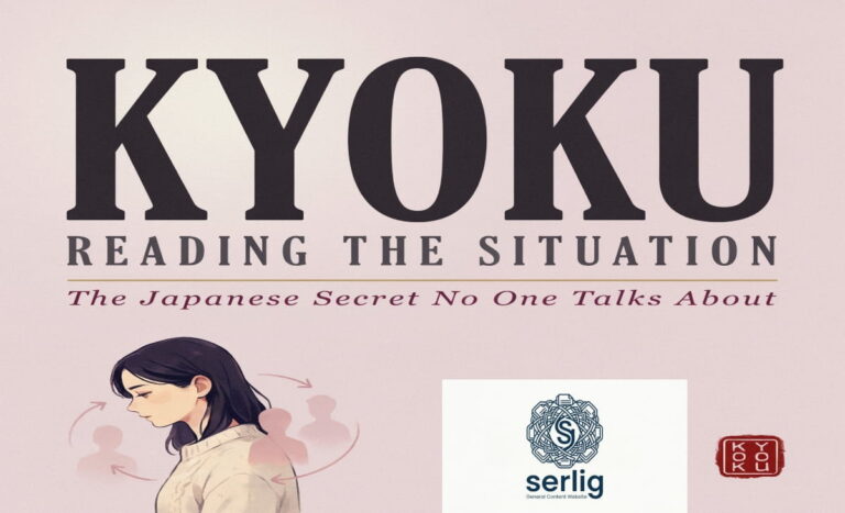 Jyokyo Japanese concept illustration showing a person pausing thoughtfully in a calm Japanese setting with kanji characters 状況 in the background