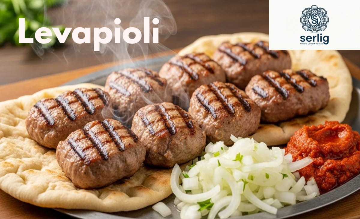 Freshly grilled Levapioli served on a wooden board with flatbread, ajvar, and fresh herbs