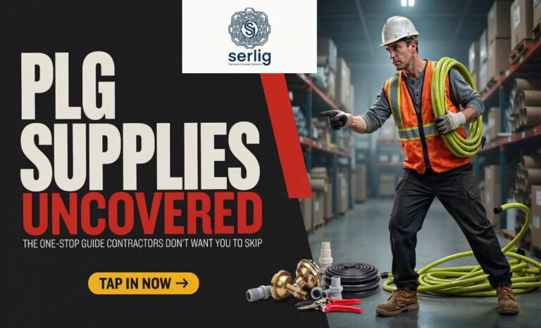 PLG Supplies — plumbing pipes, LED lighting fixtures, and general hardware tools displayed together for industrial and construction use