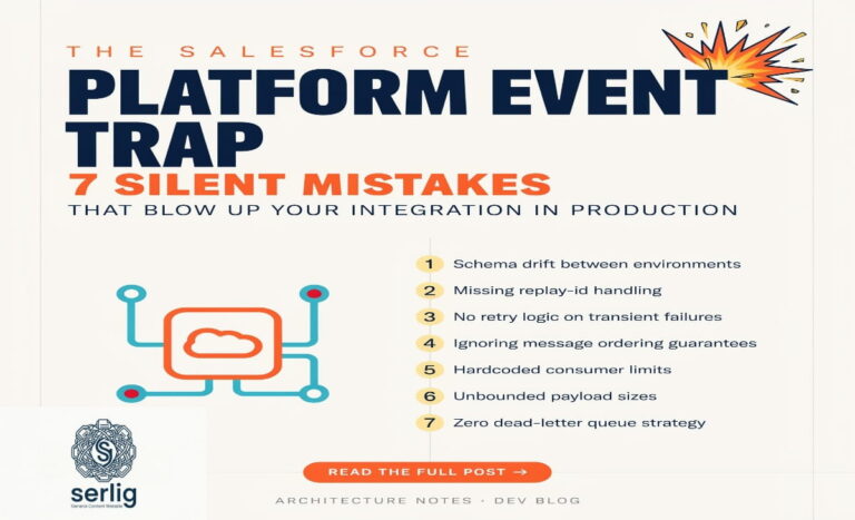 Diagram showing the Salesforce Platform Event Trap — common mistakes in publish-subscribe event architecture causing data loss and integration failure