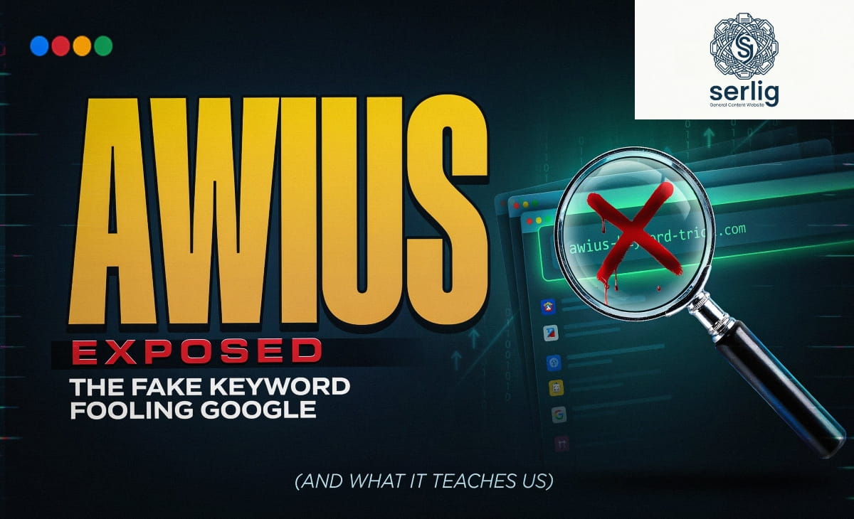 Magnifying glass over the word "Awius" surrounded by question marks, symbolizing a fake or unverified keyword