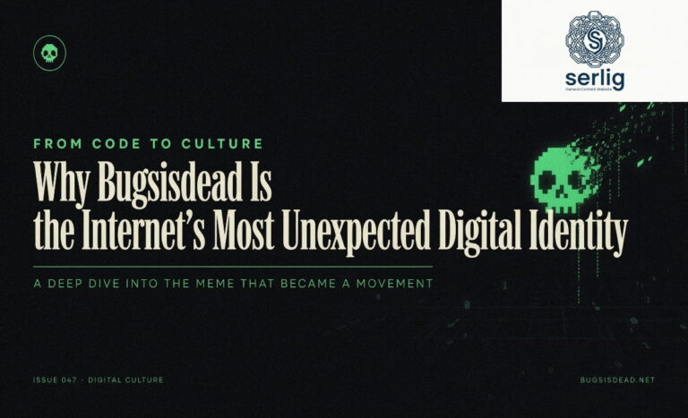Bugsisdead digital identity concept with glitch aesthetic and code fragments on dark background