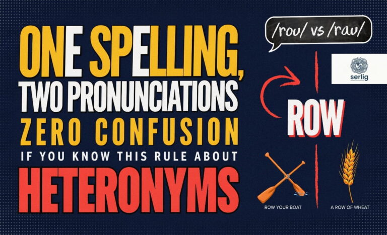 Diagram showing heteronyms row with two pronunciations — /roʊ/ meaning a line or rowing, and /raʊ/ meaning an argument