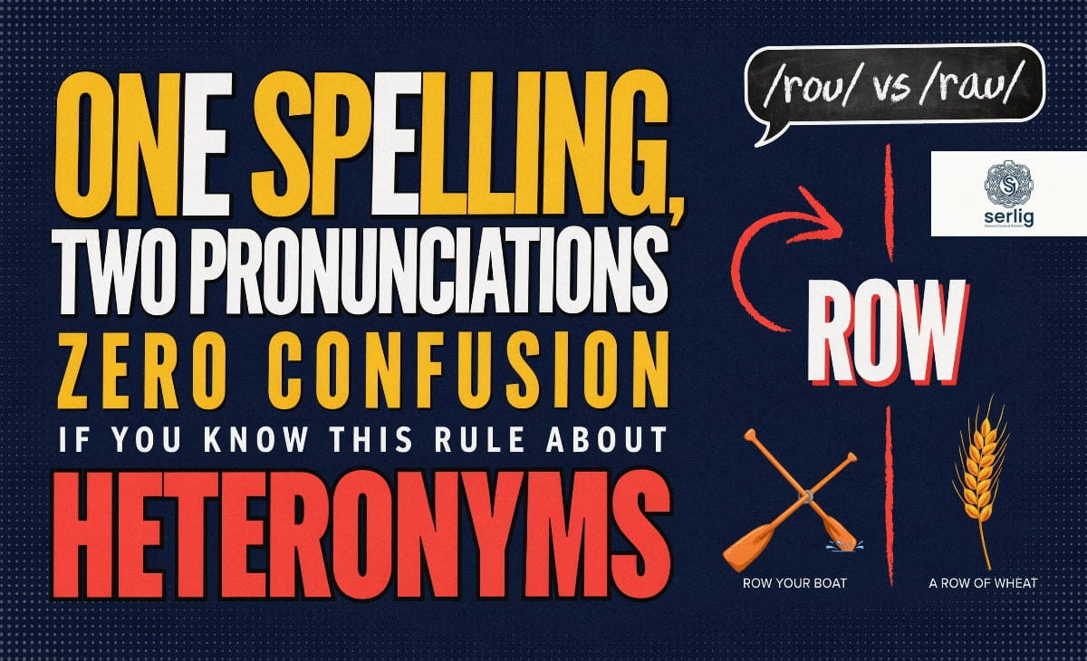 Diagram showing heteronyms row with two pronunciations — /roʊ/ meaning a line or rowing, and /raʊ/ meaning an argument