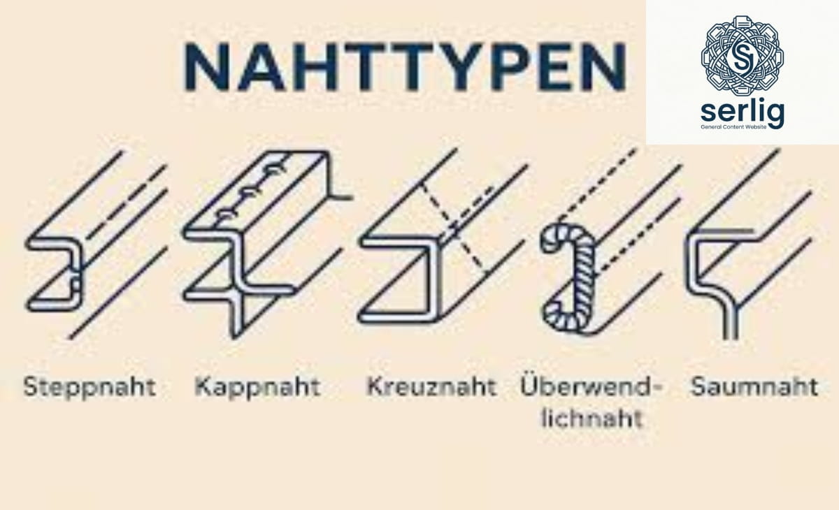 Illustrated diagram showing different Nahttypen (seam types) including straight stitch, zigzag, overlock, French seam, and flat-felled seam on fabric samples