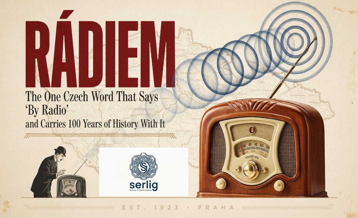 Vintage radio receiver with Czech text rádiem displayed, representing the instrumental case form meaning "by radio" in Czech and Slovak language