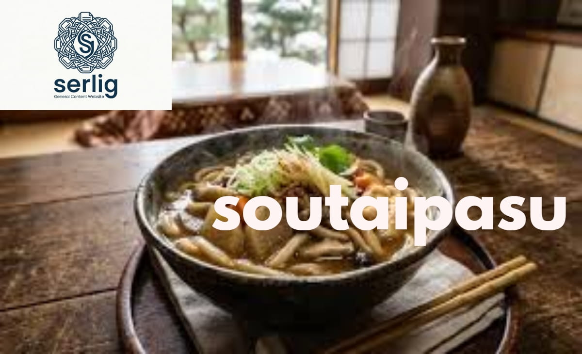 A steaming bowl of soutaipasu Japanese winter noodles with miso broth, root vegetables, and thick wheat noodles served in a traditional ceramic bowl