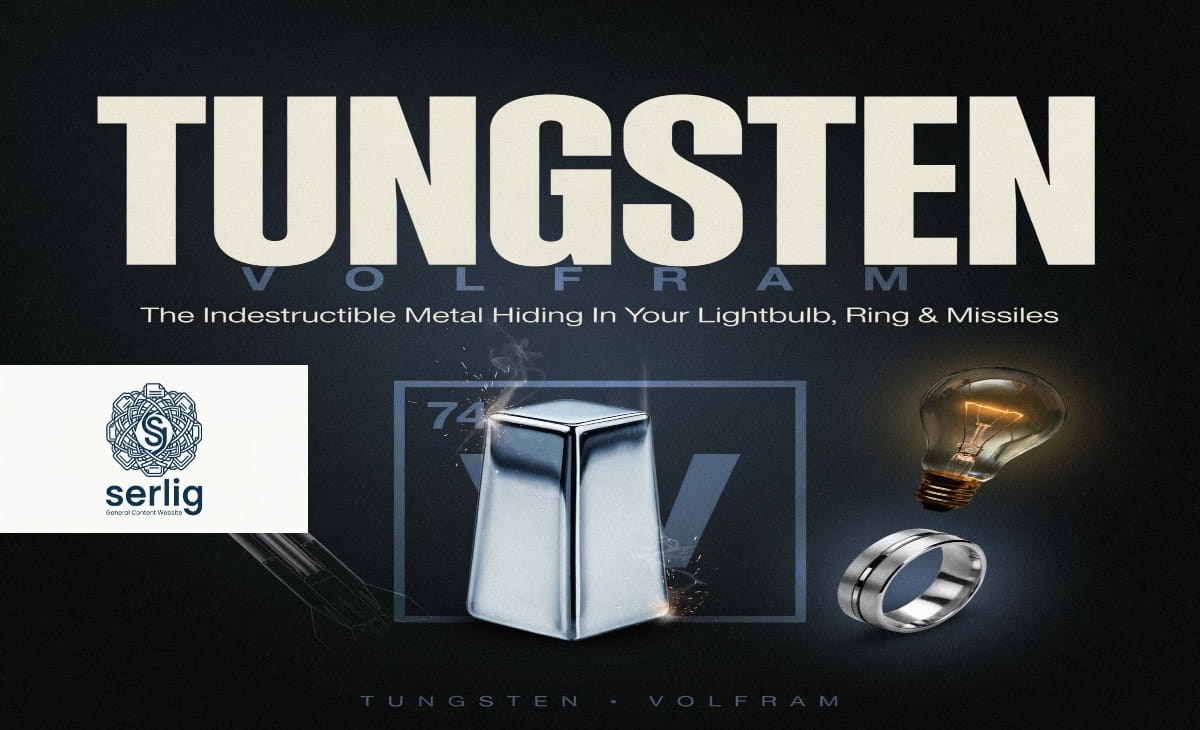 Tungsten (Volfram) metal bar with industrial tools and light bulb filament representing its high melting point and industrial uses